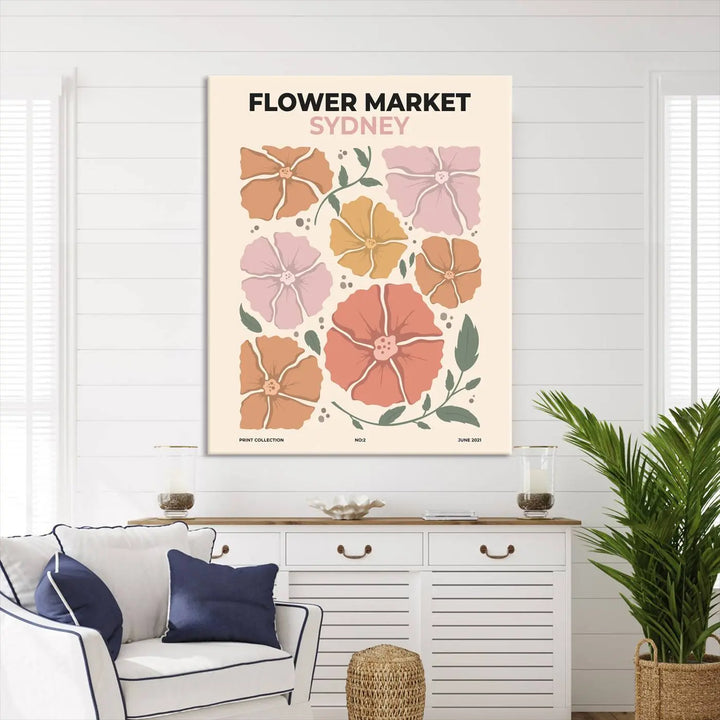 The canvas wall art print titled Flower Market Sydney features stylized flowers that enhance the textured wall and capture a boho aesthetic floral decor vibe.