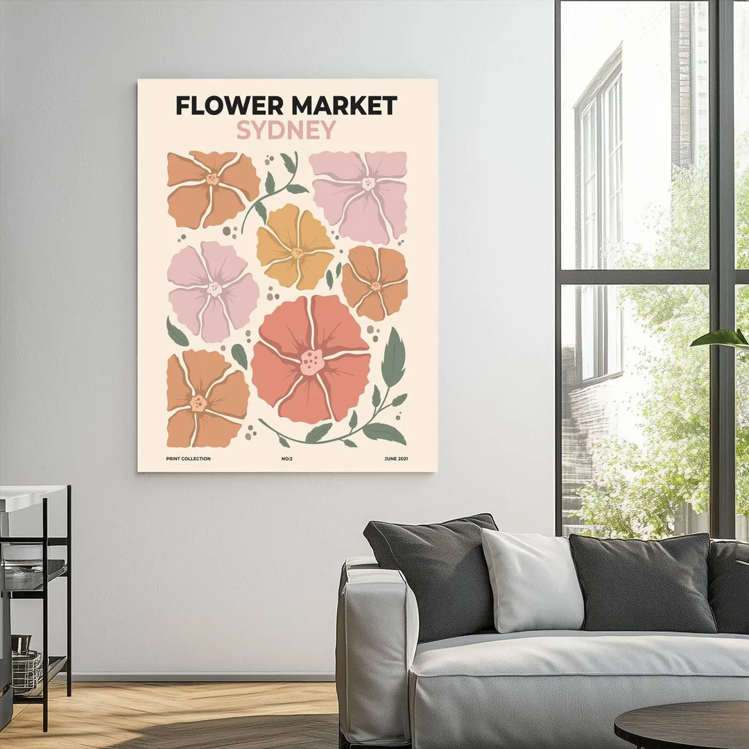 The canvas wall art print titled Flower Market Sydney features stylized flowers that enhance the textured wall and capture a boho aesthetic floral decor vibe.