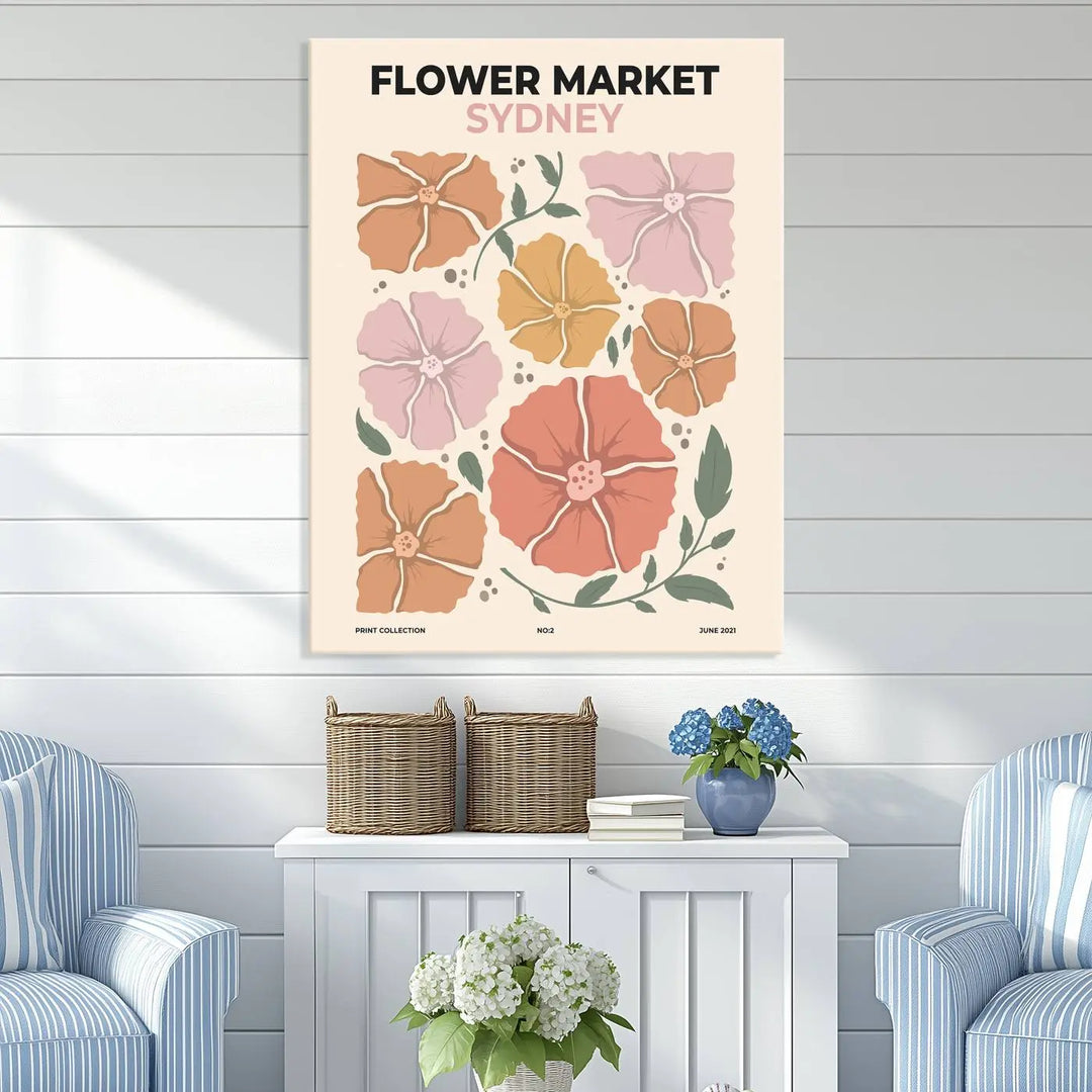 The canvas wall art print titled Flower Market Sydney features stylized flowers that enhance the textured wall and capture a boho aesthetic floral decor vibe.