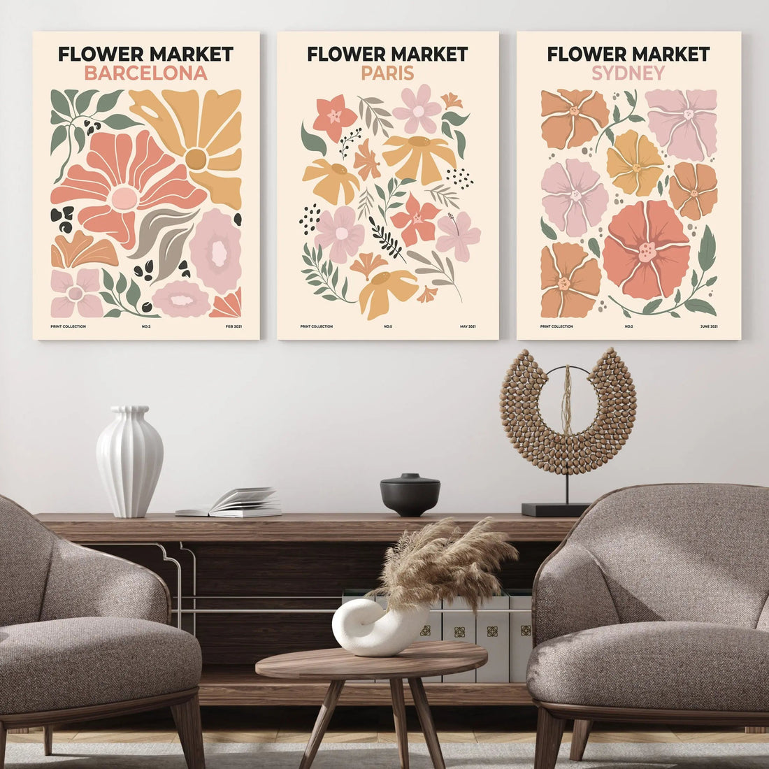Flower Market Wall Art Set, 3 Panel Barcelona, Paris, Sydney Prints, Botanical Floral Wall Decor