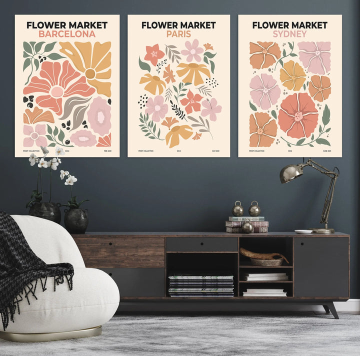 Enhance your living room with the Flower Market Wall Art Set—a 3-panel collection featuring botanical boho flower art from Barcelona, Paris, and Sydney.