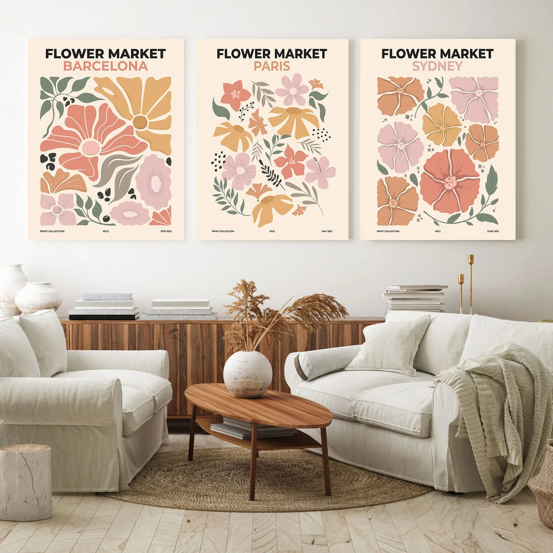 Enhance your living room with the Flower Market Wall Art Set—a 3-panel collection featuring botanical boho flower art from Barcelona, Paris, and Sydney.