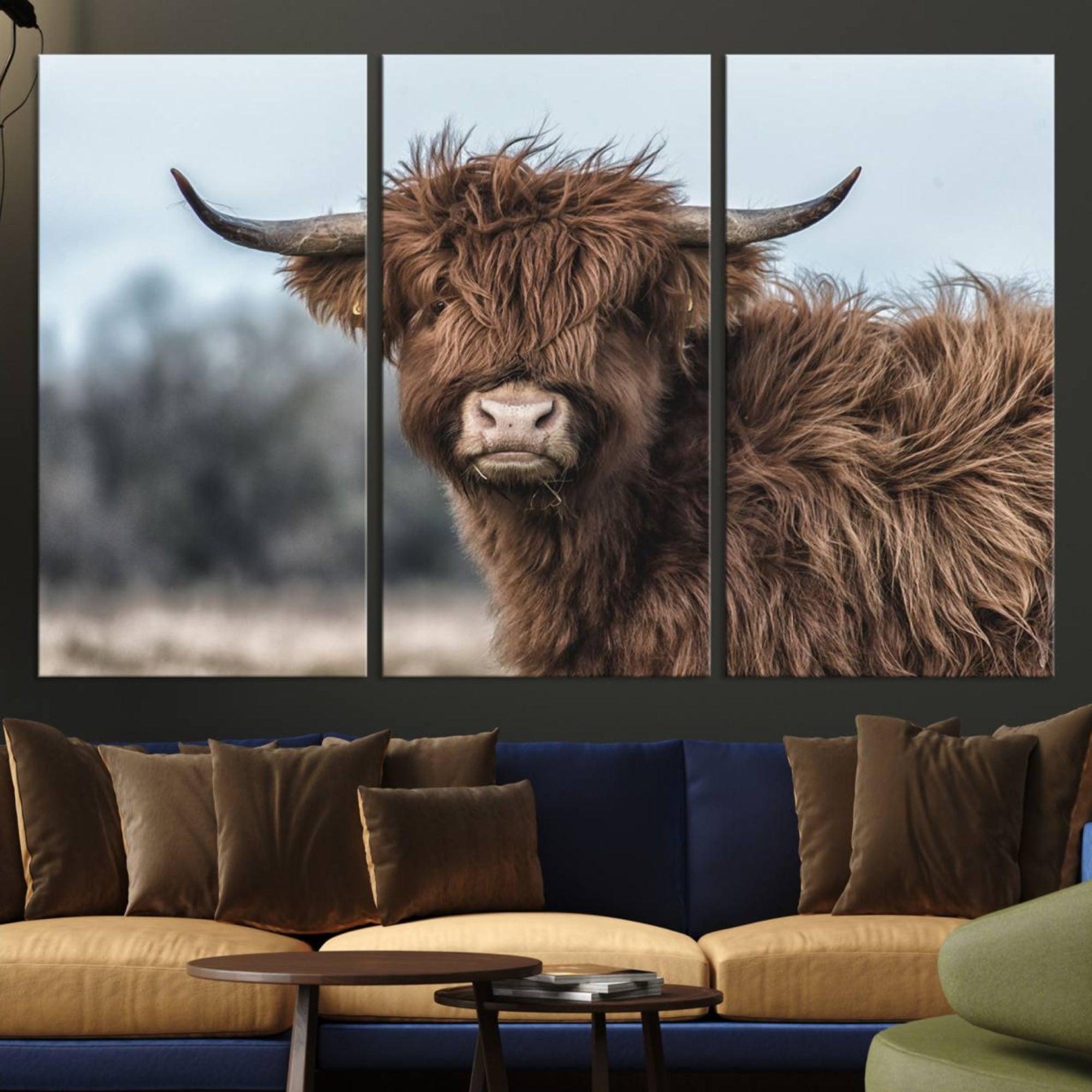 64119-MGV-CV-36X24-Fluffy Highland Cow Photograph Wall Art Canvas, Black And White Cattle Canvas Print