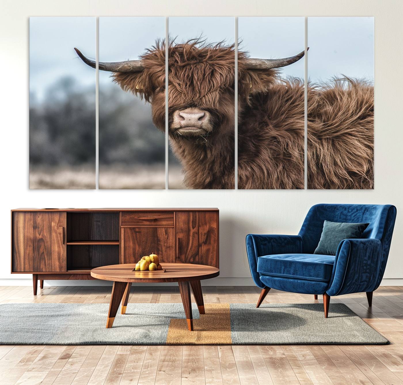 64119-MGV-CV-36X24-Fluffy Highland Cow Photograph Wall Art Canvas, Black And White Cattle Canvas Print
