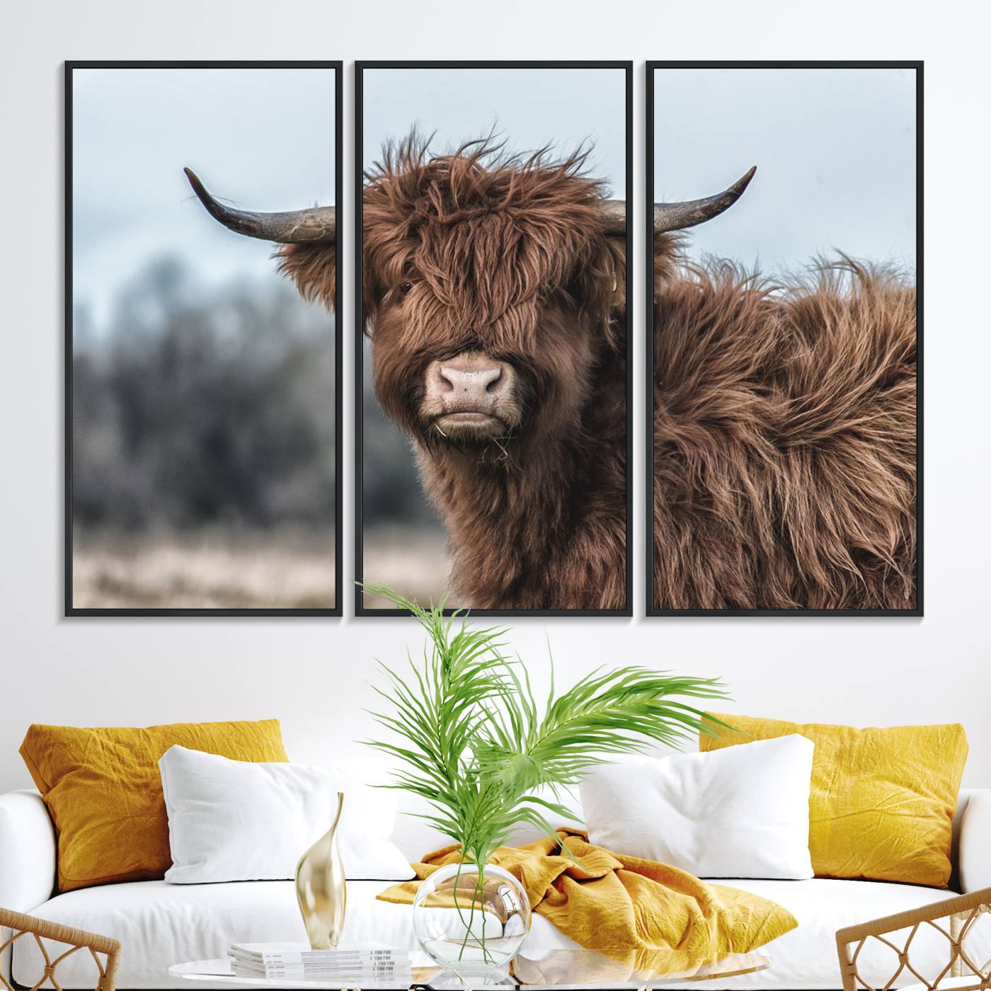 65537-MGV-FC-48X32-3P_Black-Fluffy Highland Cow Wall Art Canvas Print