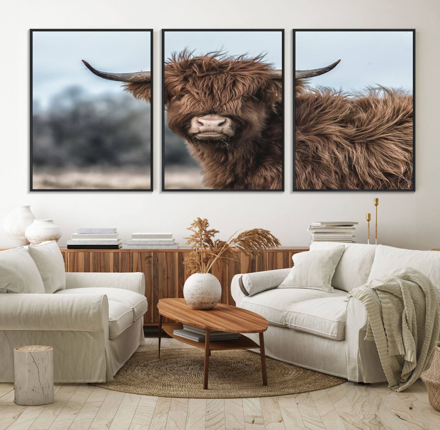 65537-MGV-FC-60X30-3P_Black-Fluffy Highland Cow Wall Art Canvas Print