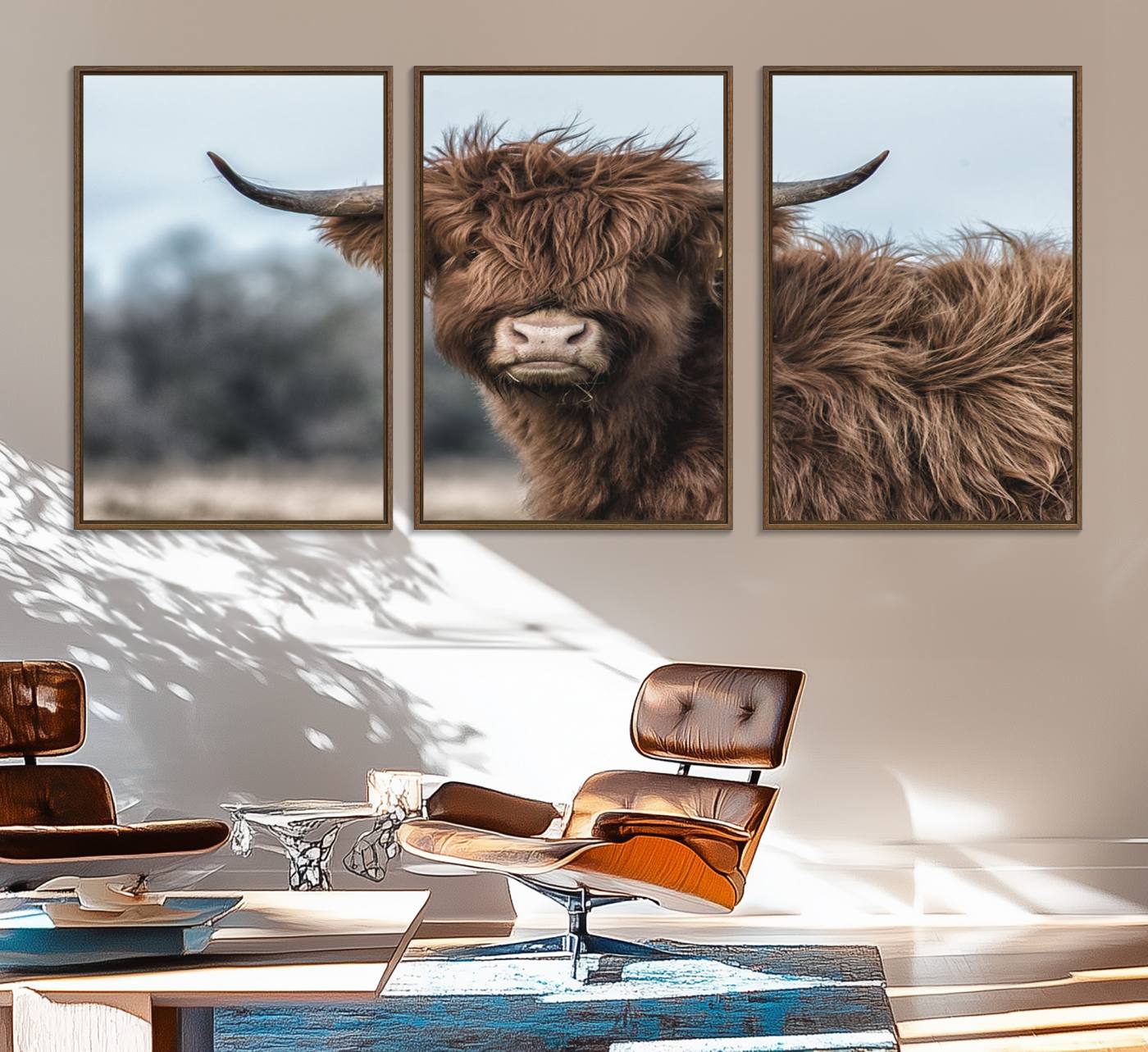65537-MGV-FC-60X30-3P_Walnut-Fluffy Highland Cow Wall Art Canvas Print