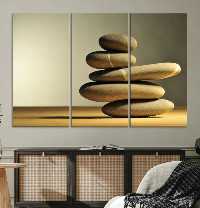 The living room highlights the Fluvial Zen Stones Canvas Wall Art Print, which is gallery-wrapped and showcases a nature-themed design.