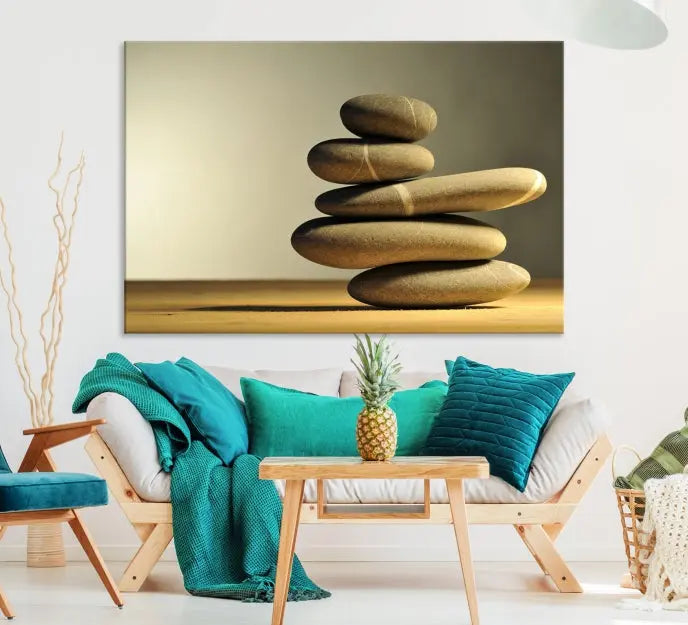 The living room highlights the Fluvial Zen Stones Canvas Wall Art Print, which is gallery-wrapped and showcases a nature-themed design.