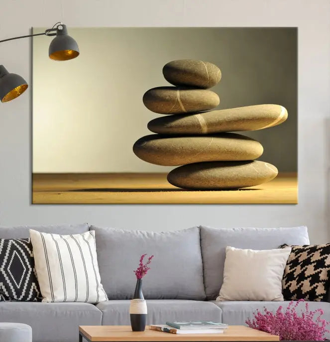 The living room highlights the Fluvial Zen Stones Canvas Wall Art Print, which is gallery-wrapped and showcases a nature-themed design.