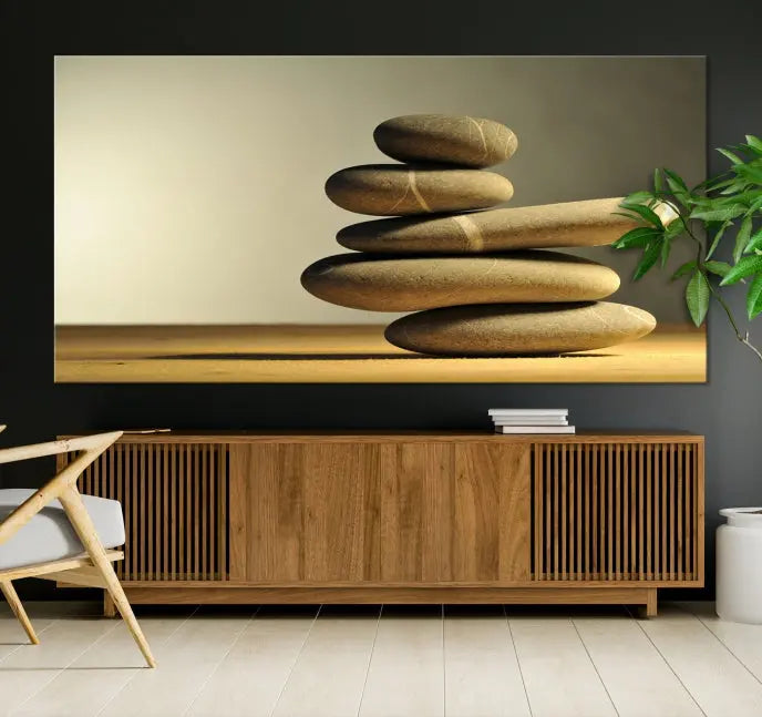 The living room highlights the Fluvial Zen Stones Canvas Wall Art Print, which is gallery-wrapped and showcases a nature-themed design.