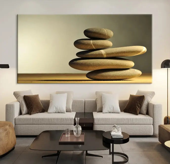 The living room highlights the Fluvial Zen Stones Canvas Wall Art Print, which is gallery-wrapped and showcases a nature-themed design.