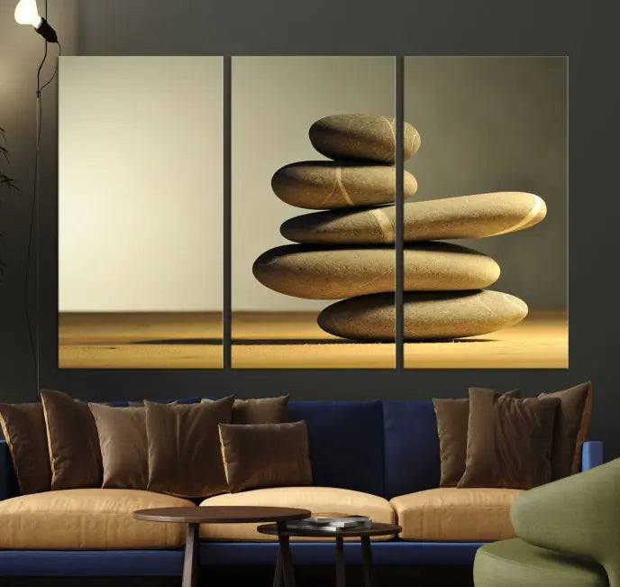 The living room highlights the Fluvial Zen Stones Canvas Wall Art Print, which is gallery-wrapped and showcases a nature-themed design.