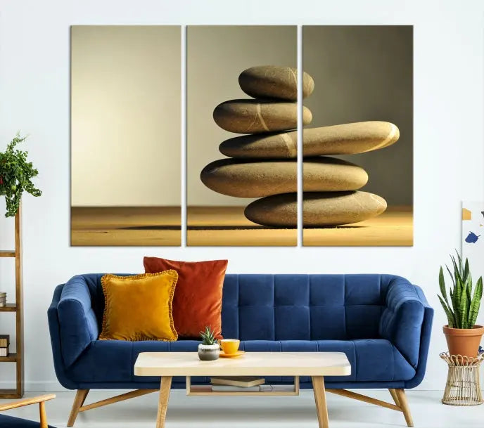 The living room highlights the Fluvial Zen Stones Canvas Wall Art Print, which is gallery-wrapped and showcases a nature-themed design.