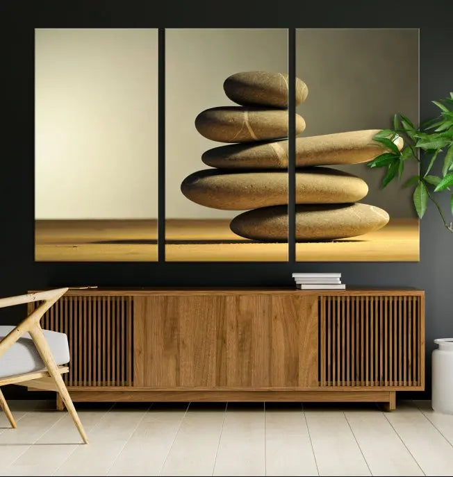 The living room highlights the Fluvial Zen Stones Canvas Wall Art Print, which is gallery-wrapped and showcases a nature-themed design.