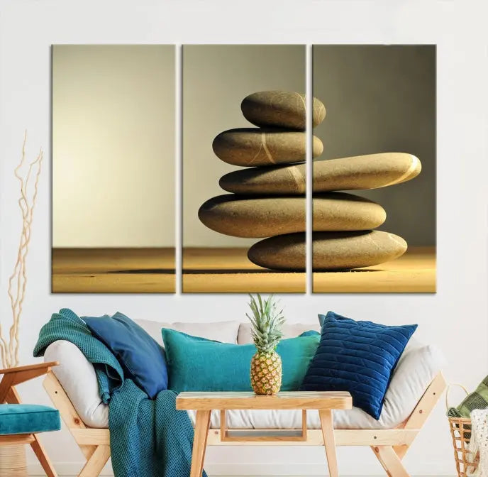 The living room highlights the Fluvial Zen Stones Canvas Wall Art Print, which is gallery-wrapped and showcases a nature-themed design.