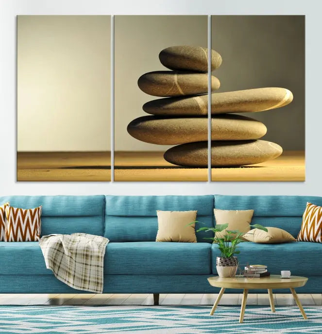 The living room highlights the Fluvial Zen Stones Canvas Wall Art Print, which is gallery-wrapped and showcases a nature-themed design.