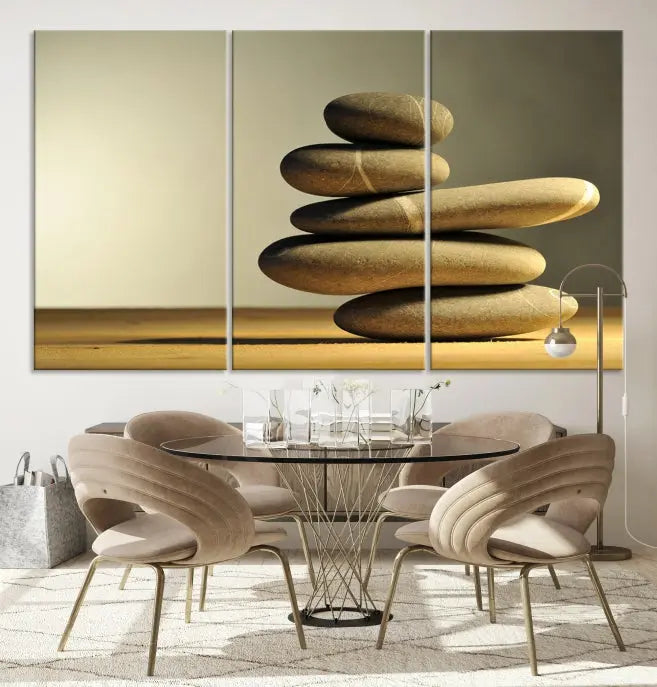 The living room highlights the Fluvial Zen Stones Canvas Wall Art Print, which is gallery-wrapped and showcases a nature-themed design.