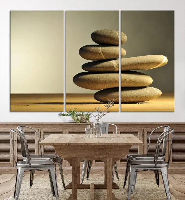 The living room highlights the Fluvial Zen Stones Canvas Wall Art Print, which is gallery-wrapped and showcases a nature-themed design.