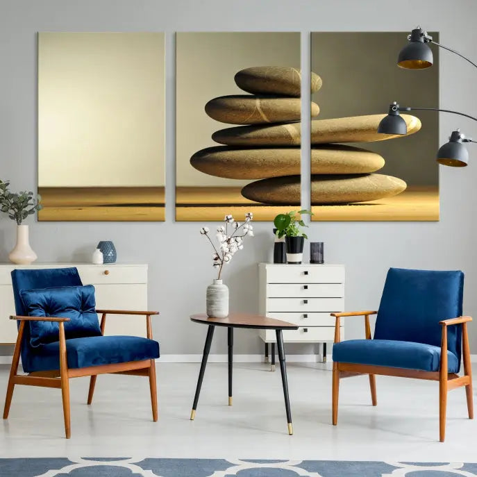 The living room highlights the Fluvial Zen Stones Canvas Wall Art Print, which is gallery-wrapped and showcases a nature-themed design.