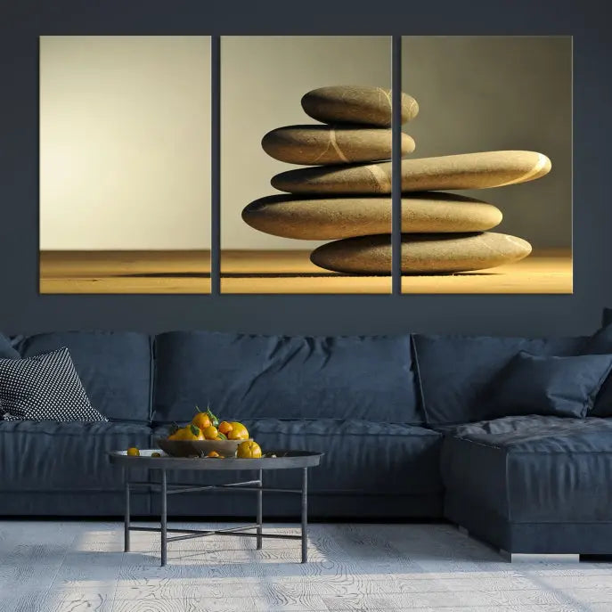 The living room highlights the Fluvial Zen Stones Canvas Wall Art Print, which is gallery-wrapped and showcases a nature-themed design.