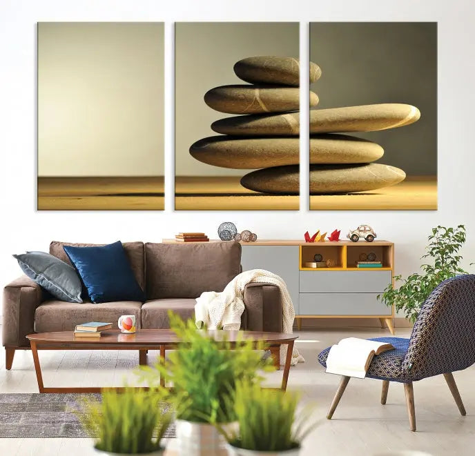 The living room highlights the Fluvial Zen Stones Canvas Wall Art Print, which is gallery-wrapped and showcases a nature-themed design.