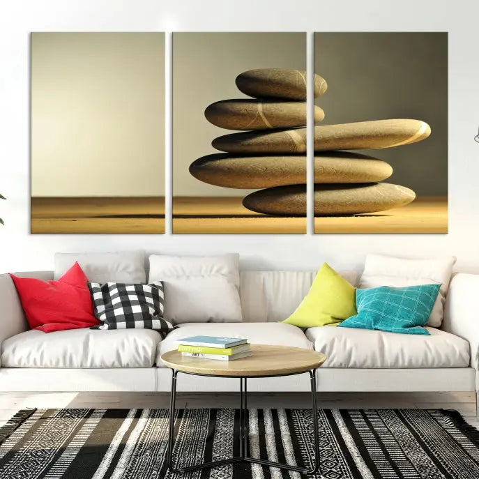 The living room highlights the Fluvial Zen Stones Canvas Wall Art Print, which is gallery-wrapped and showcases a nature-themed design.