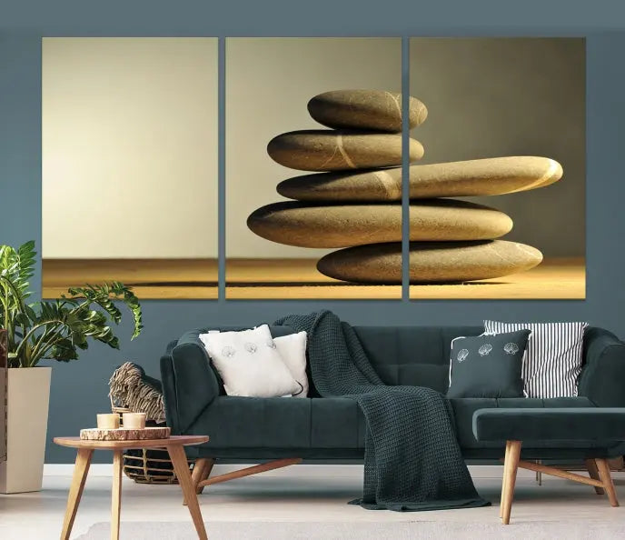 The living room highlights the Fluvial Zen Stones Canvas Wall Art Print, which is gallery-wrapped and showcases a nature-themed design.