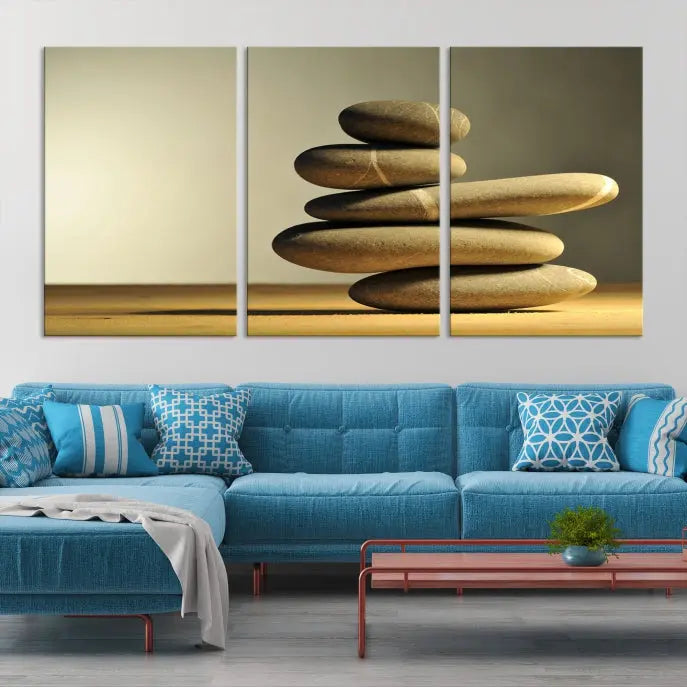 The living room highlights the Fluvial Zen Stones Canvas Wall Art Print, which is gallery-wrapped and showcases a nature-themed design.