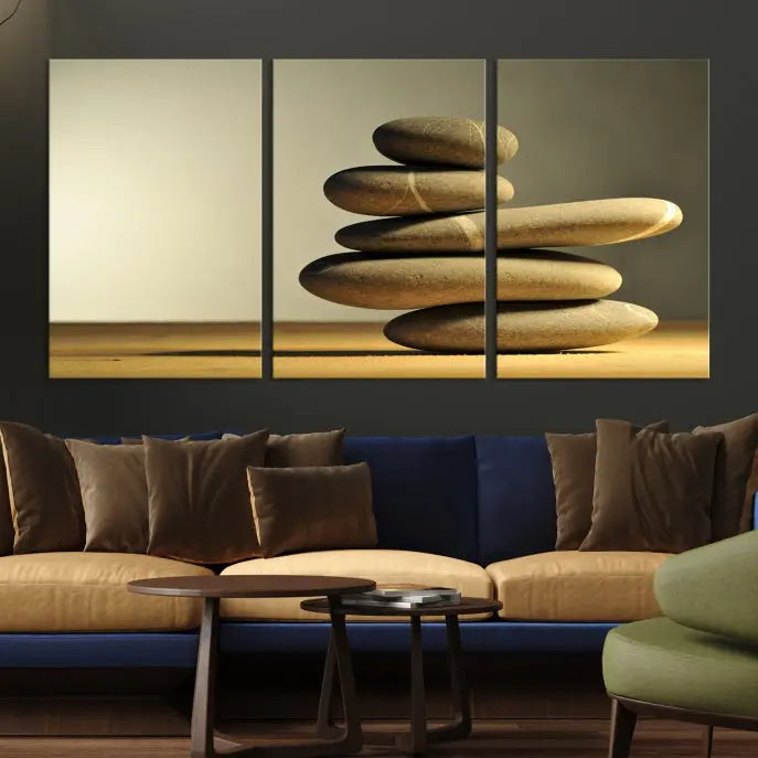 The living room highlights the Fluvial Zen Stones Canvas Wall Art Print, which is gallery-wrapped and showcases a nature-themed design.