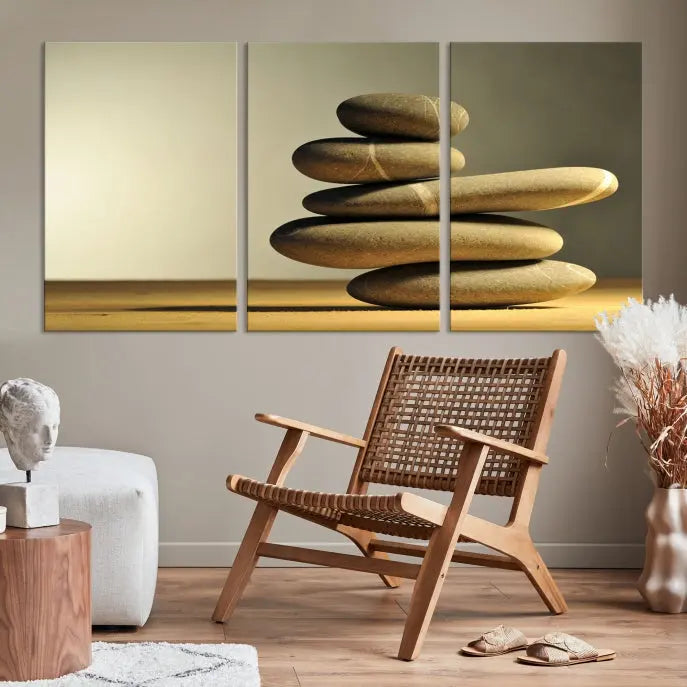 The living room highlights the Fluvial Zen Stones Canvas Wall Art Print, which is gallery-wrapped and showcases a nature-themed design.