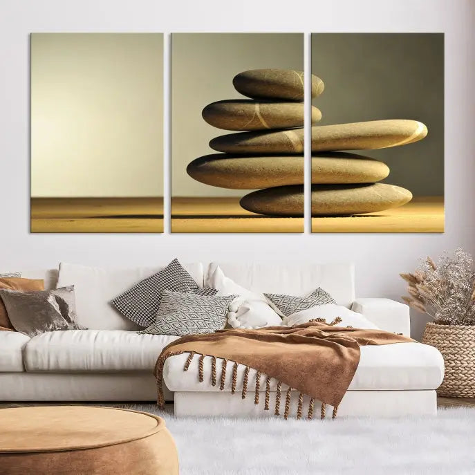 The living room highlights the Fluvial Zen Stones Canvas Wall Art Print, which is gallery-wrapped and showcases a nature-themed design.