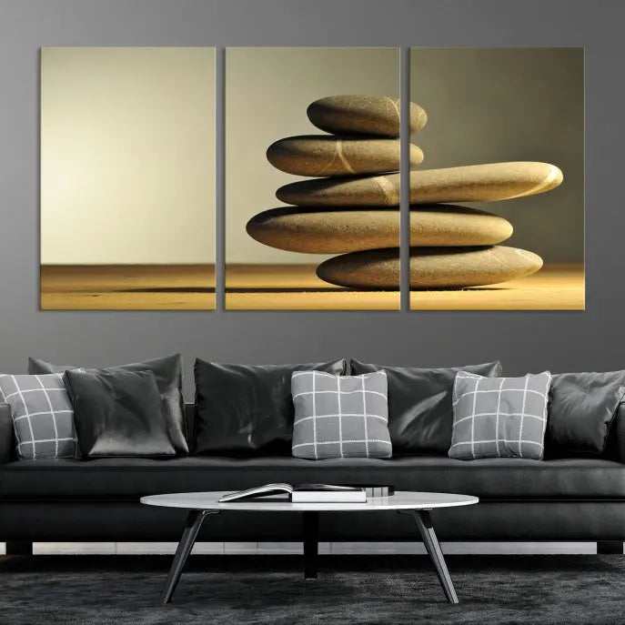 The living room highlights the Fluvial Zen Stones Canvas Wall Art Print, which is gallery-wrapped and showcases a nature-themed design.