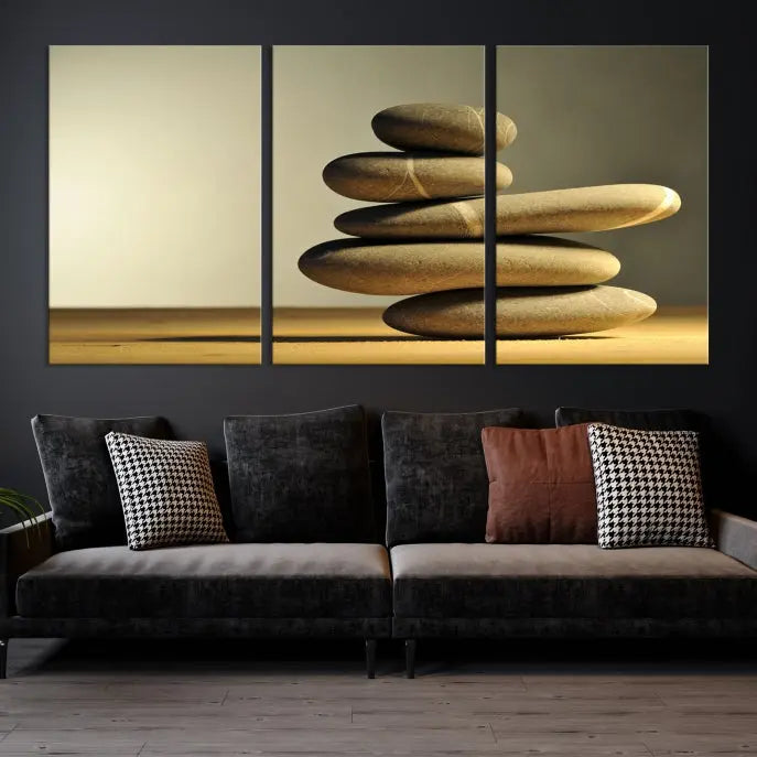 The living room highlights the Fluvial Zen Stones Canvas Wall Art Print, which is gallery-wrapped and showcases a nature-themed design.