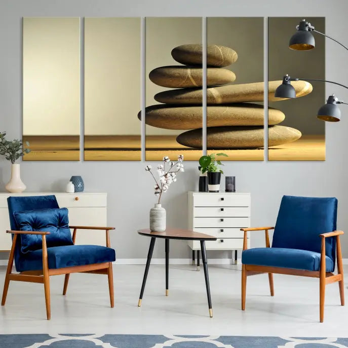 The living room highlights the Fluvial Zen Stones Canvas Wall Art Print, which is gallery-wrapped and showcases a nature-themed design.