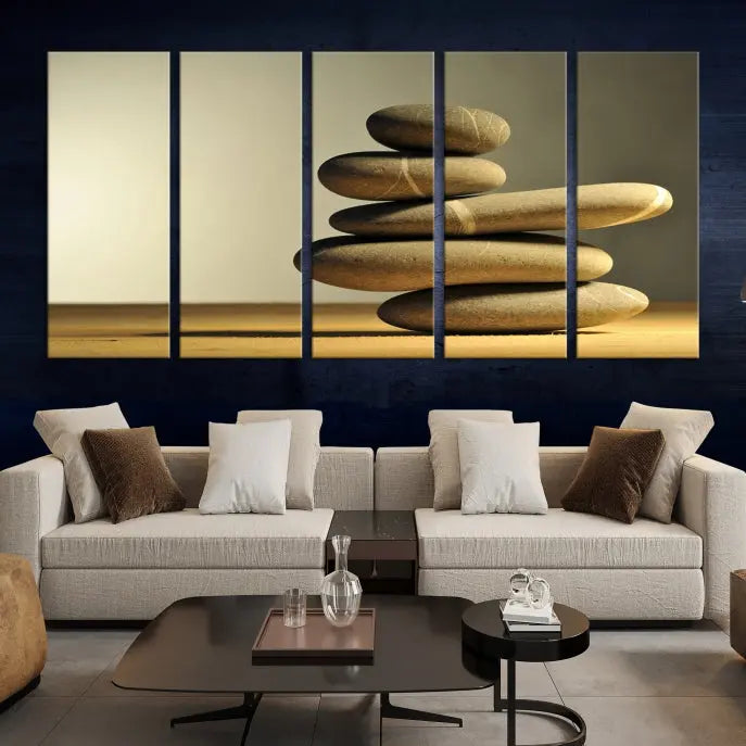 The living room highlights the Fluvial Zen Stones Canvas Wall Art Print, which is gallery-wrapped and showcases a nature-themed design.