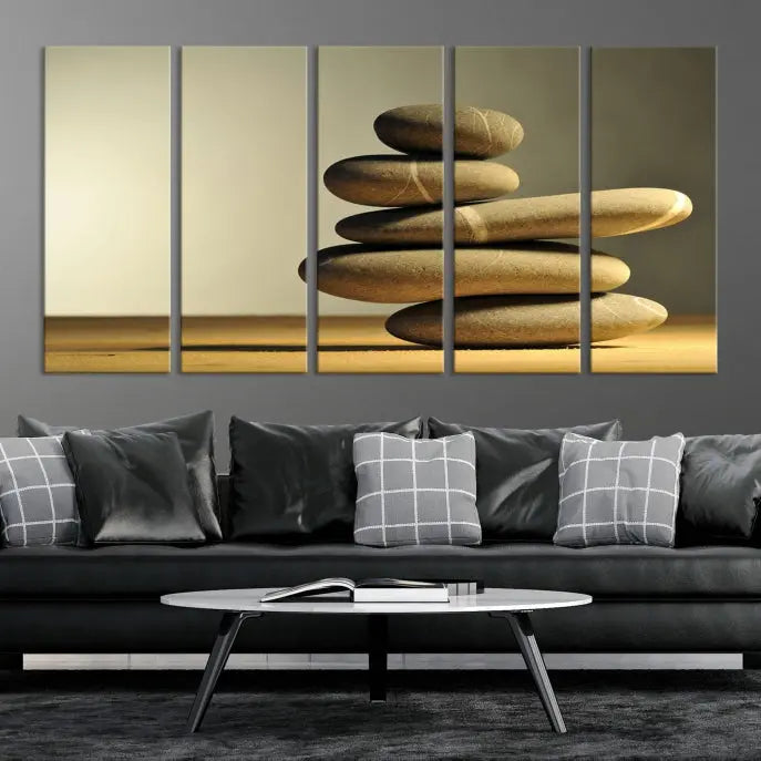 The living room highlights the Fluvial Zen Stones Canvas Wall Art Print, which is gallery-wrapped and showcases a nature-themed design.