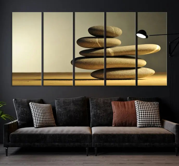 The living room highlights the Fluvial Zen Stones Canvas Wall Art Print, which is gallery-wrapped and showcases a nature-themed design.