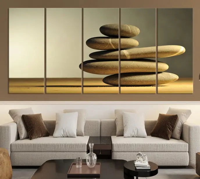 The living room highlights the Fluvial Zen Stones Canvas Wall Art Print, which is gallery-wrapped and showcases a nature-themed design.