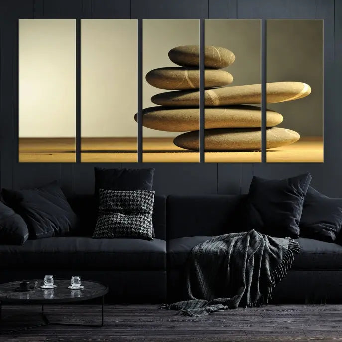 The living room highlights the Fluvial Zen Stones Canvas Wall Art Print, which is gallery-wrapped and showcases a nature-themed design.