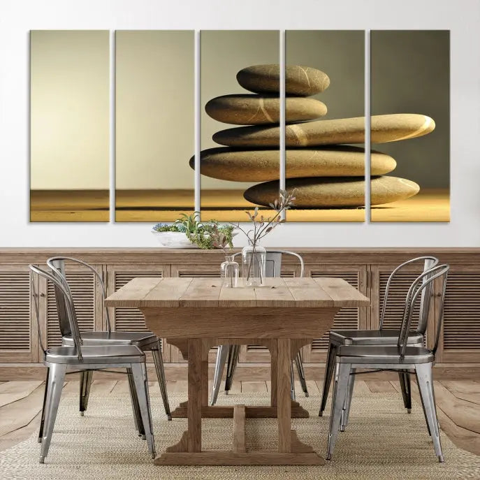 The living room highlights the Fluvial Zen Stones Canvas Wall Art Print, which is gallery-wrapped and showcases a nature-themed design.