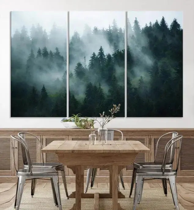 Foggy Forest 3-Panel Canvas Wall Art | Large Giclée Nature Scene Print for Living Room, Office, or Bedroom | Misty Pine Trees in Morning