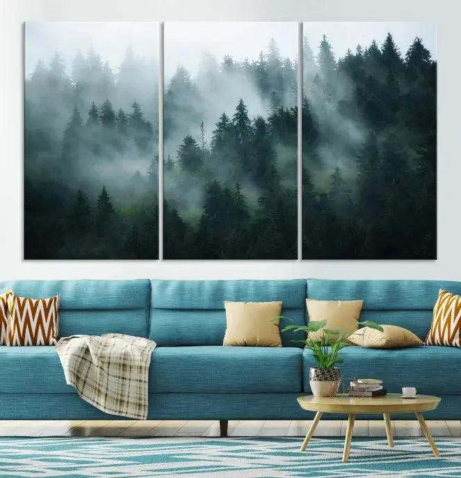 Foggy Forest 3-Panel Canvas Wall Art | Large Giclée Nature Scene Print for Living Room, Office, or Bedroom | Misty Pine Trees in Morning Light, Ready to Hang