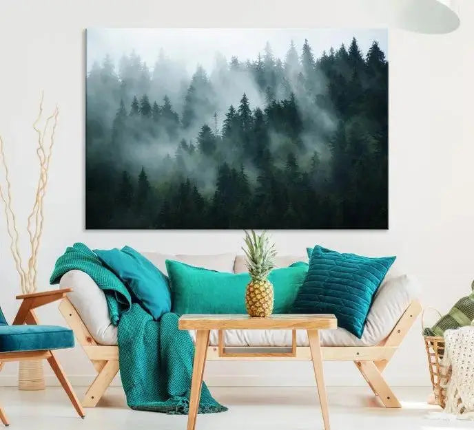 Foggy Forest 3-Panel Canvas Wall Art | Large Giclée Nature Scene Print for Living Room, Office, or Bedroom | Misty Pine Trees in Morning Light, Ready to Hang