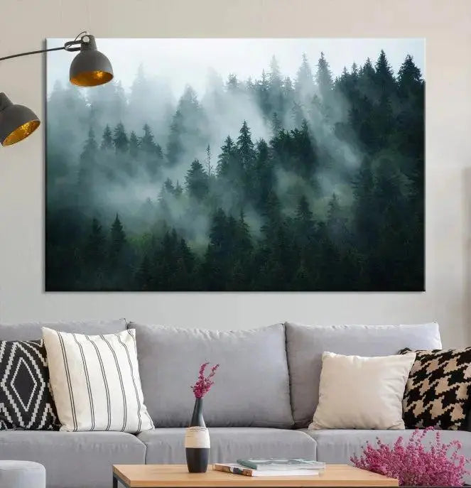 Foggy Forest 3-Panel Canvas Wall Art | Large Giclée Nature Scene Print for Living Room, Office, or Bedroom | Misty Pine Trees in Morning Light, Ready to Hang