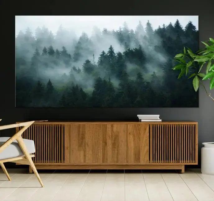 Foggy Forest 3-Panel Canvas Wall Art | Large Giclée Nature Scene Print for Living Room, Office, or Bedroom | Misty Pine Trees in Morning Light, Ready to Hang