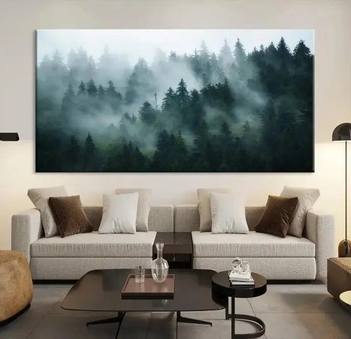 Foggy Forest 3-Panel Canvas Wall Art | Large Giclée Nature Scene Print for Living Room, Office, or Bedroom | Misty Pine Trees in Morning Light, Ready to Hang
