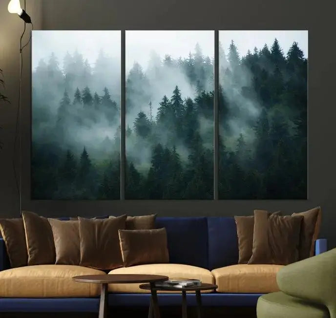 Foggy Forest 3-Panel Canvas Wall Art | Large Giclée Nature Scene Print for Living Room, Office, or Bedroom | Misty Pine Trees in Morning Light, Ready to Hang