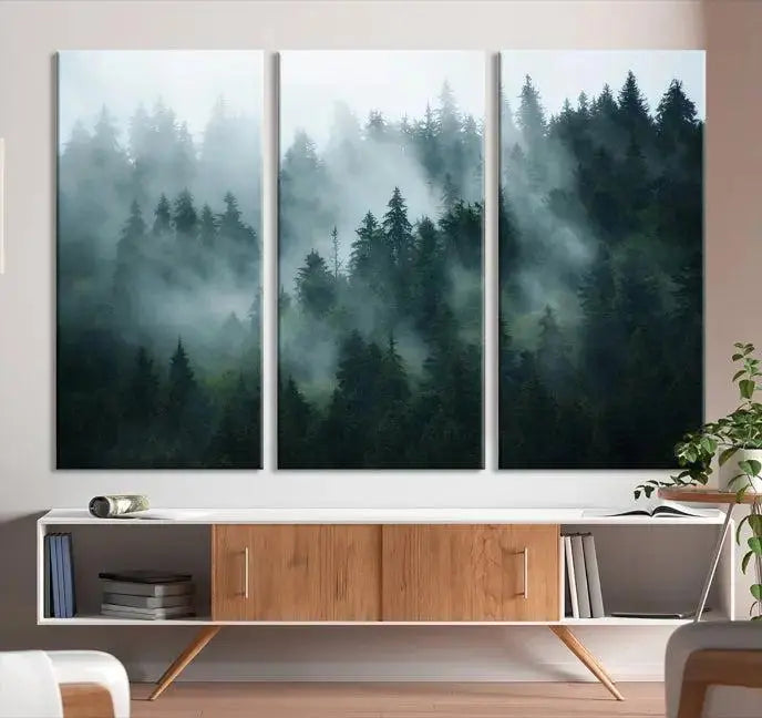 Foggy Forest 3-Panel Canvas Wall Art | Large Giclée Nature Scene Print for Living Room, Office, or Bedroom | Misty Pine Trees in Morning Light, Ready to Hang