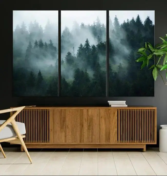 Foggy Forest 3-Panel Canvas Wall Art | Large Giclée Nature Scene Print for Living Room, Office, or Bedroom | Misty Pine Trees in Morning Light, Ready to Hang